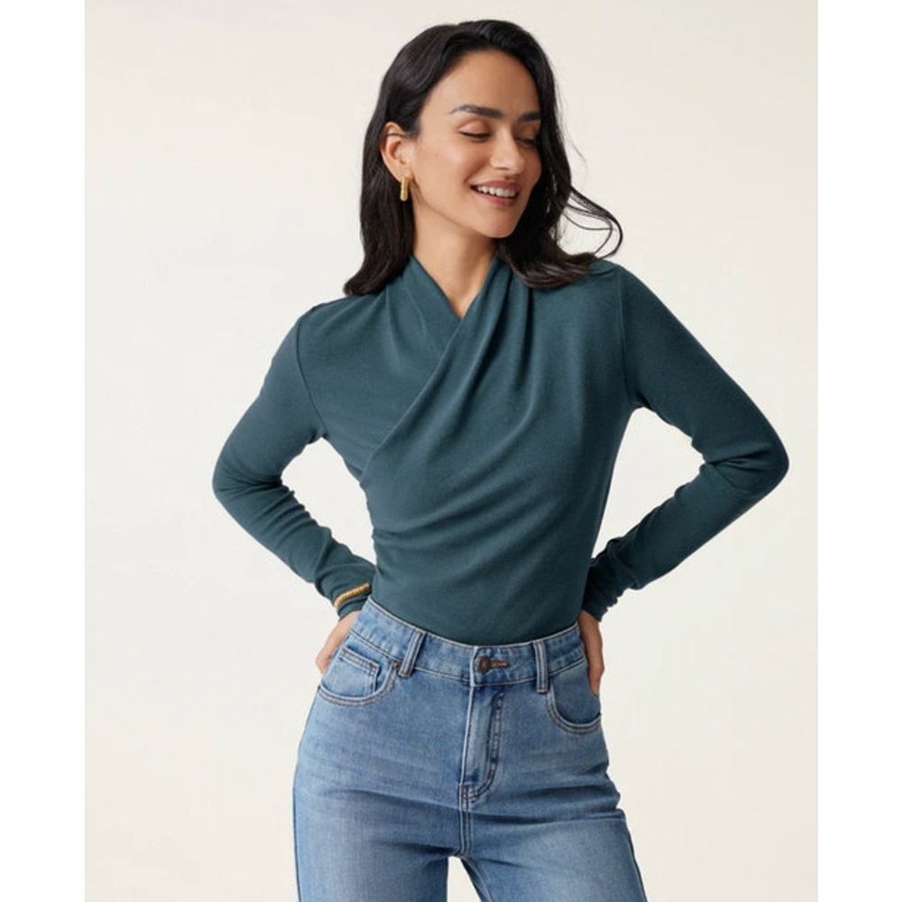 OGL Top Size M NEW Forest Night Blue Surplice Long Sleeve Top V Neck Stretch